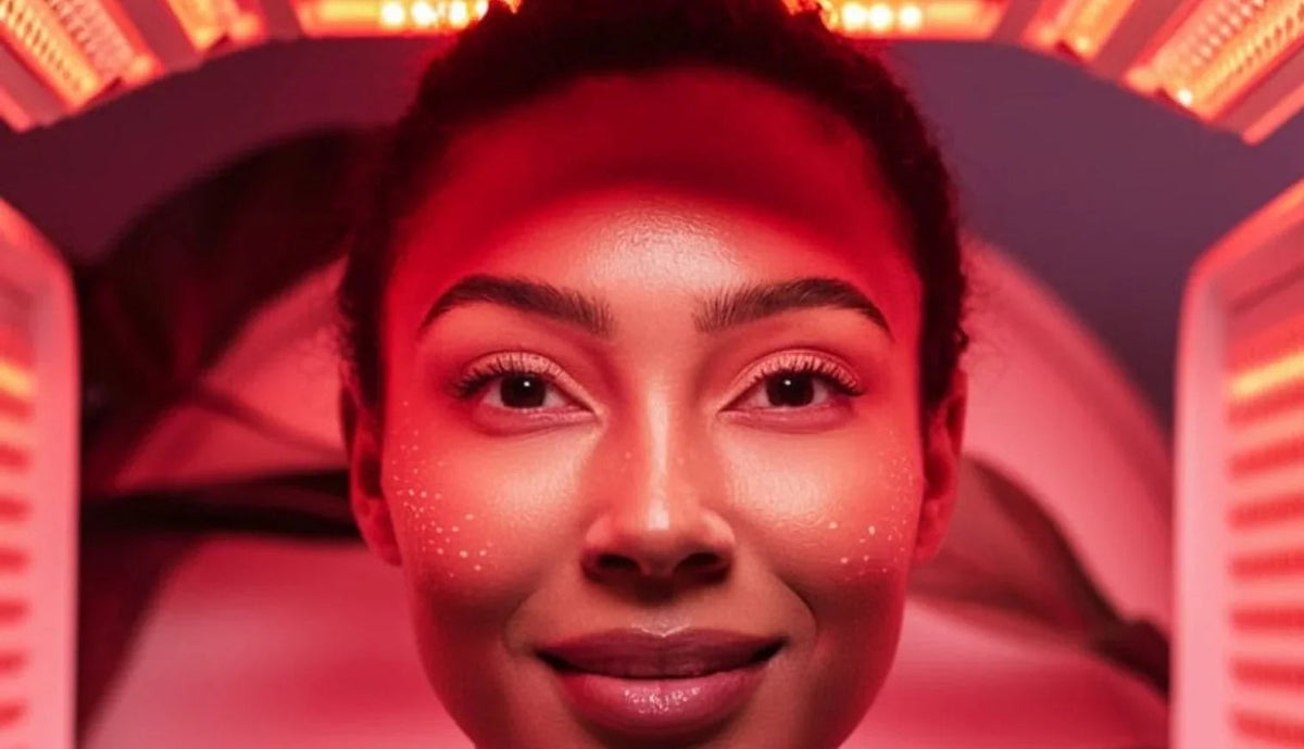 Woman receiving red light therapy for skin rejuvenation and acne treatment at home