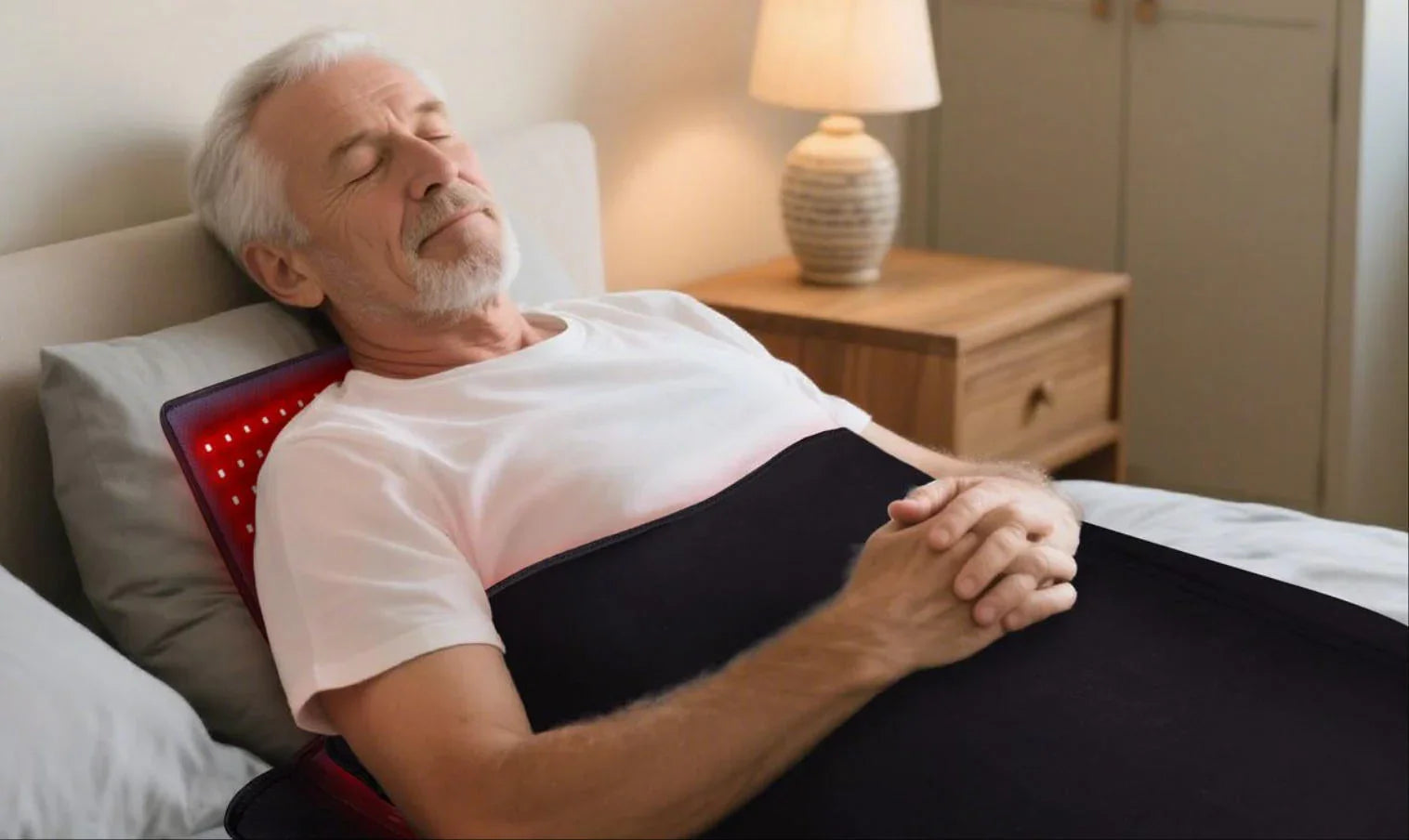 Man relaxing in bed using red light therapy pad for pain relief and recovery
