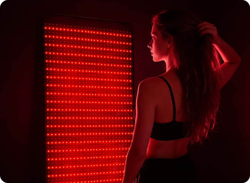 Device illustration showing red and near-infrared light reaching different depths